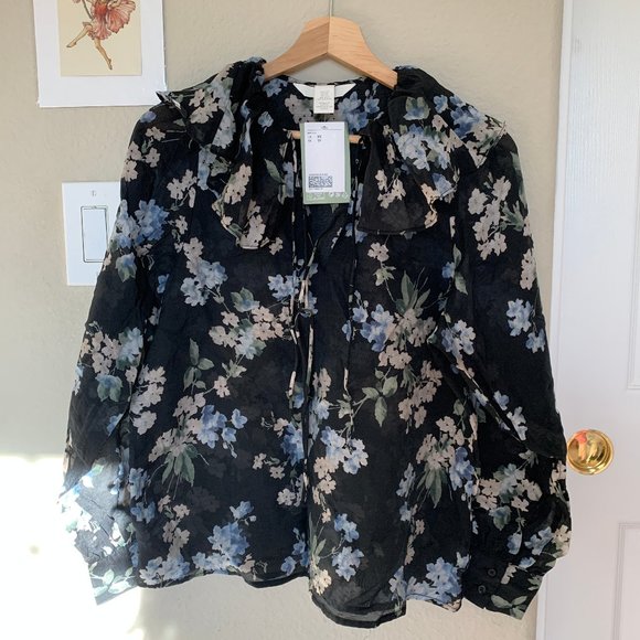 H&M Black Floral Cottagecore Semi Sheer Blouse (XS) - Picture 1 of 5